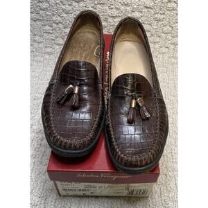 Salvatore Ferragamo Brown Croc Leather Gabely Loafers Womens 9.5 Box Tassel